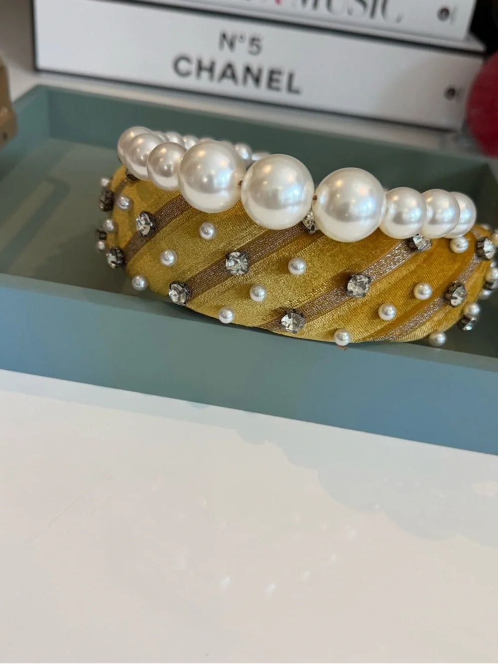 Pearl & Crystal Mustard Yellow Velvet Padded Victorian Headband Set Of Two
